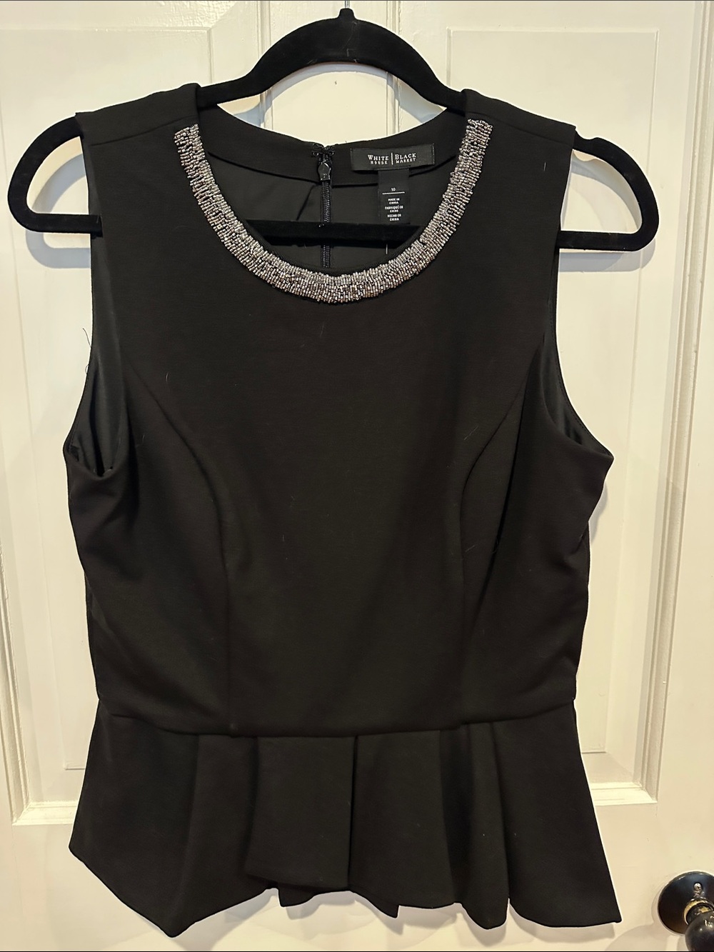 White House Black Market Black Sleeveless Peplum Top with Beaded Collar